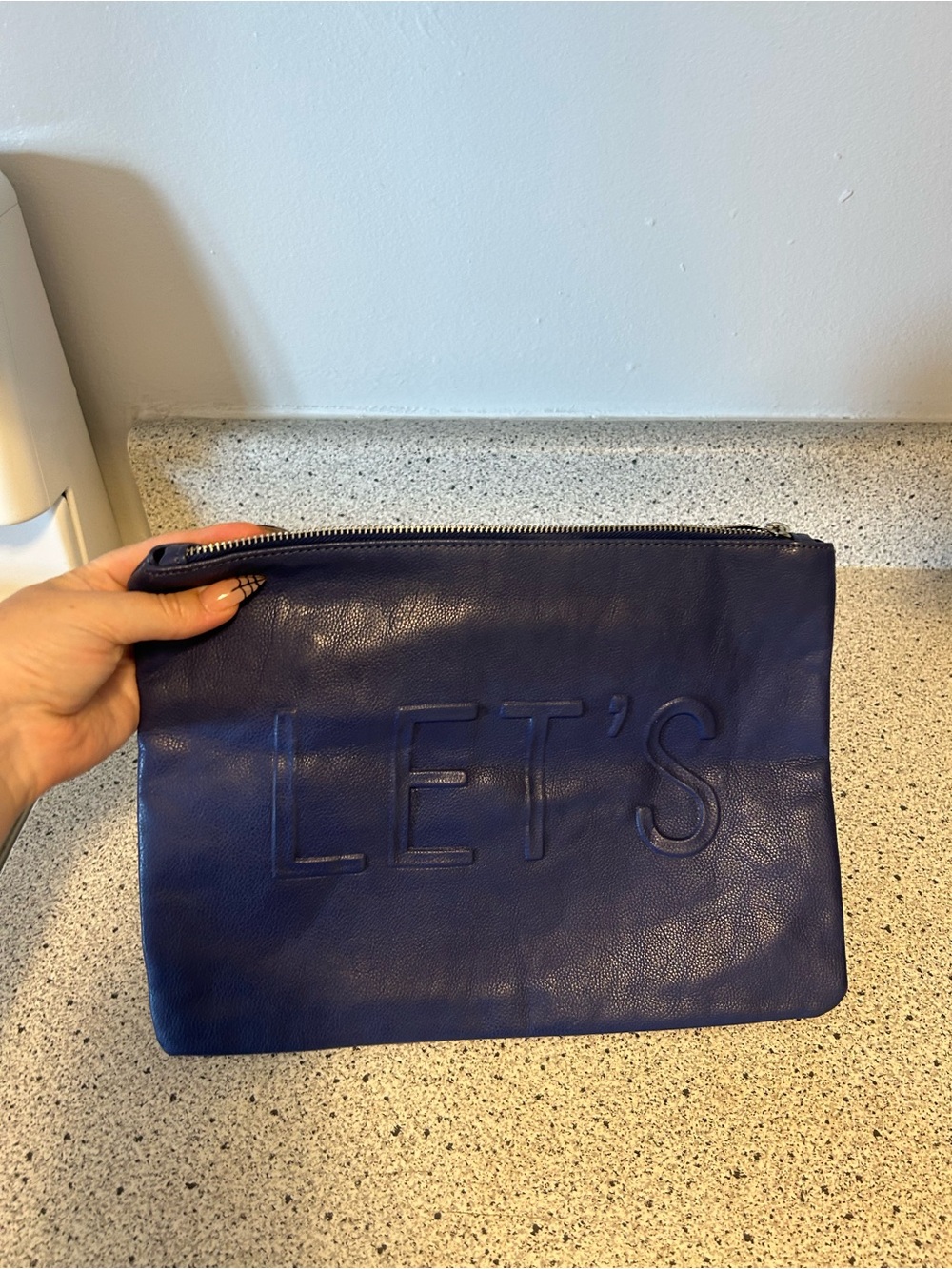 LET'S PARTY Embossed Navy Clutch